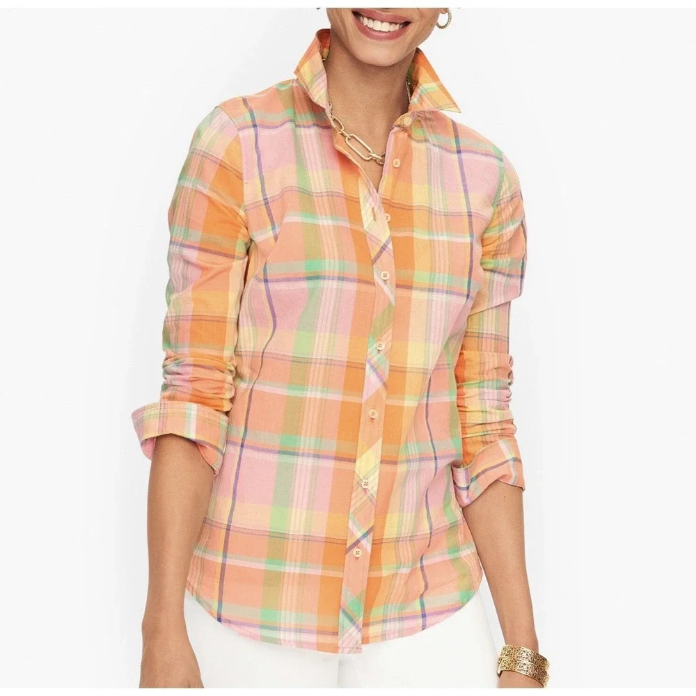 Talbots Womens Top 1XP Multicolor Plaid Long Sleeve Cotton Button Up NWOT
